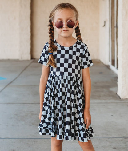 MIDNIGHT CHECKERS DREAM RUFFLE DRESS