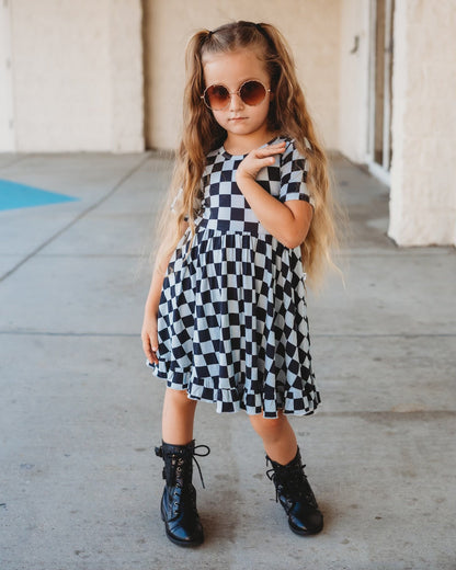 MIDNIGHT CHECKERS DREAM RUFFLE DRESS