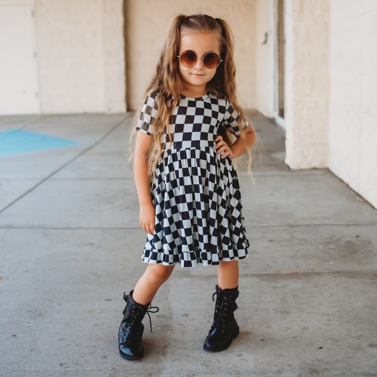 MIDNIGHT CHECKERS DREAM RUFFLE DRESS