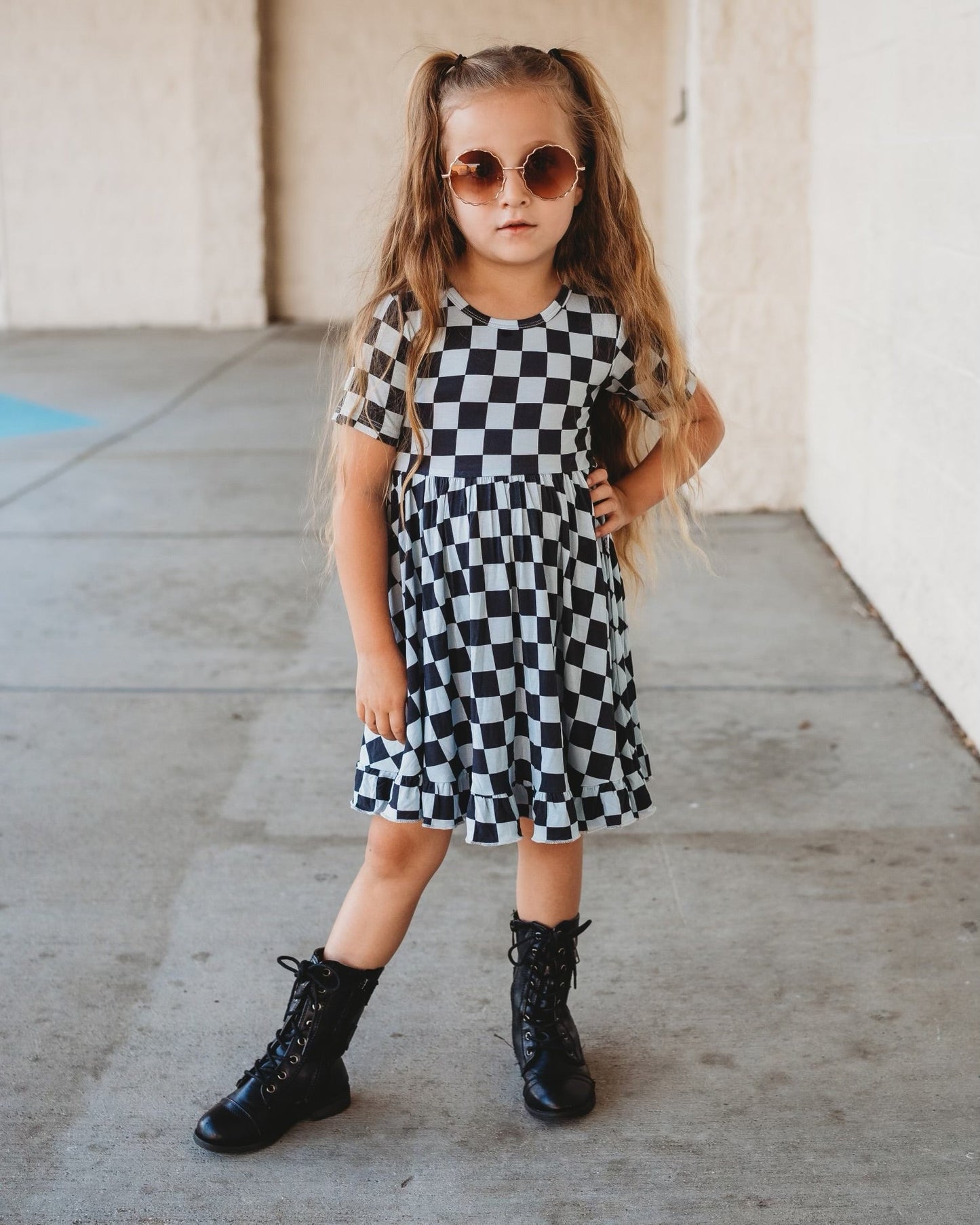 MIDNIGHT CHECKERS DREAM RUFFLE DRESS