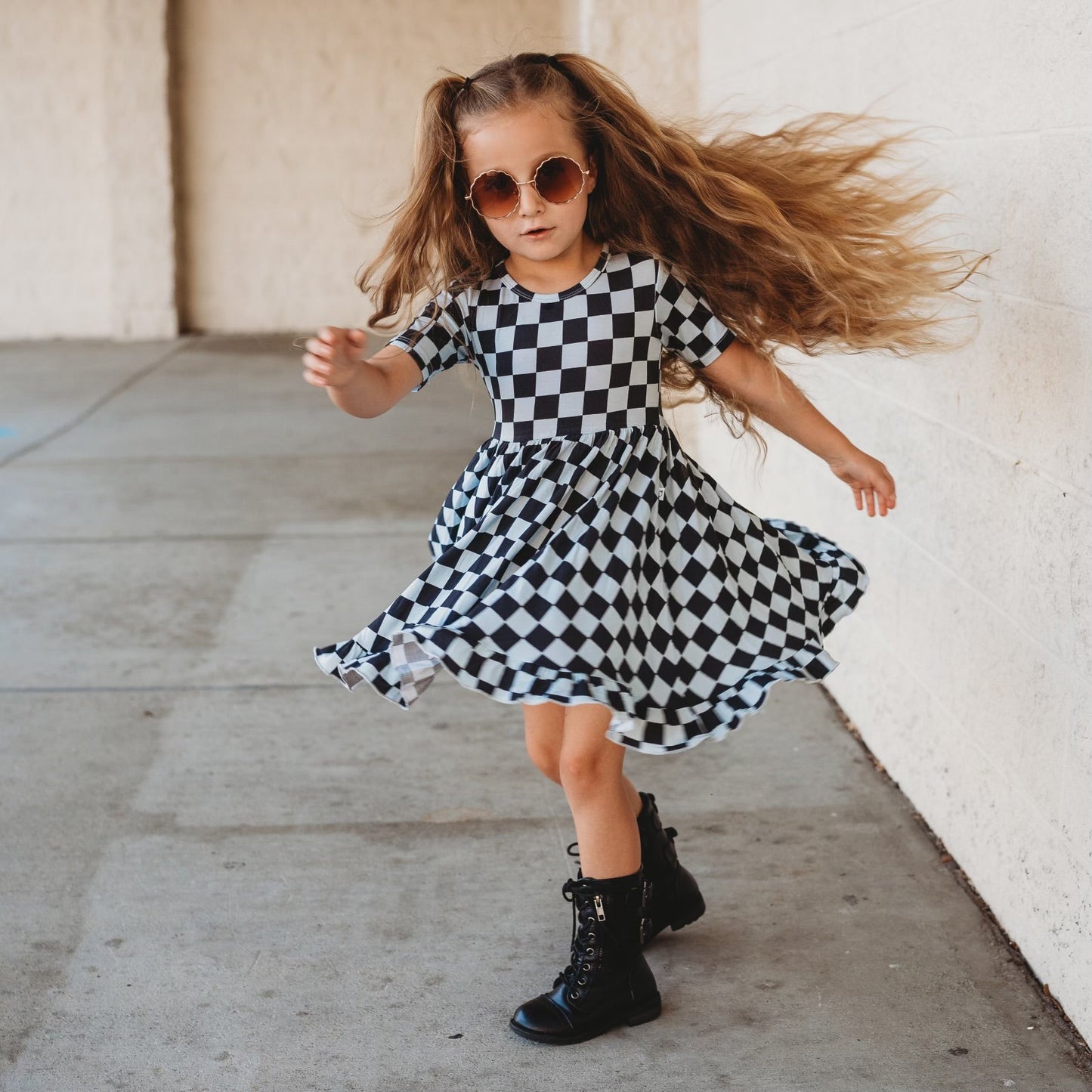 MIDNIGHT CHECKERS DREAM RUFFLE DRESS