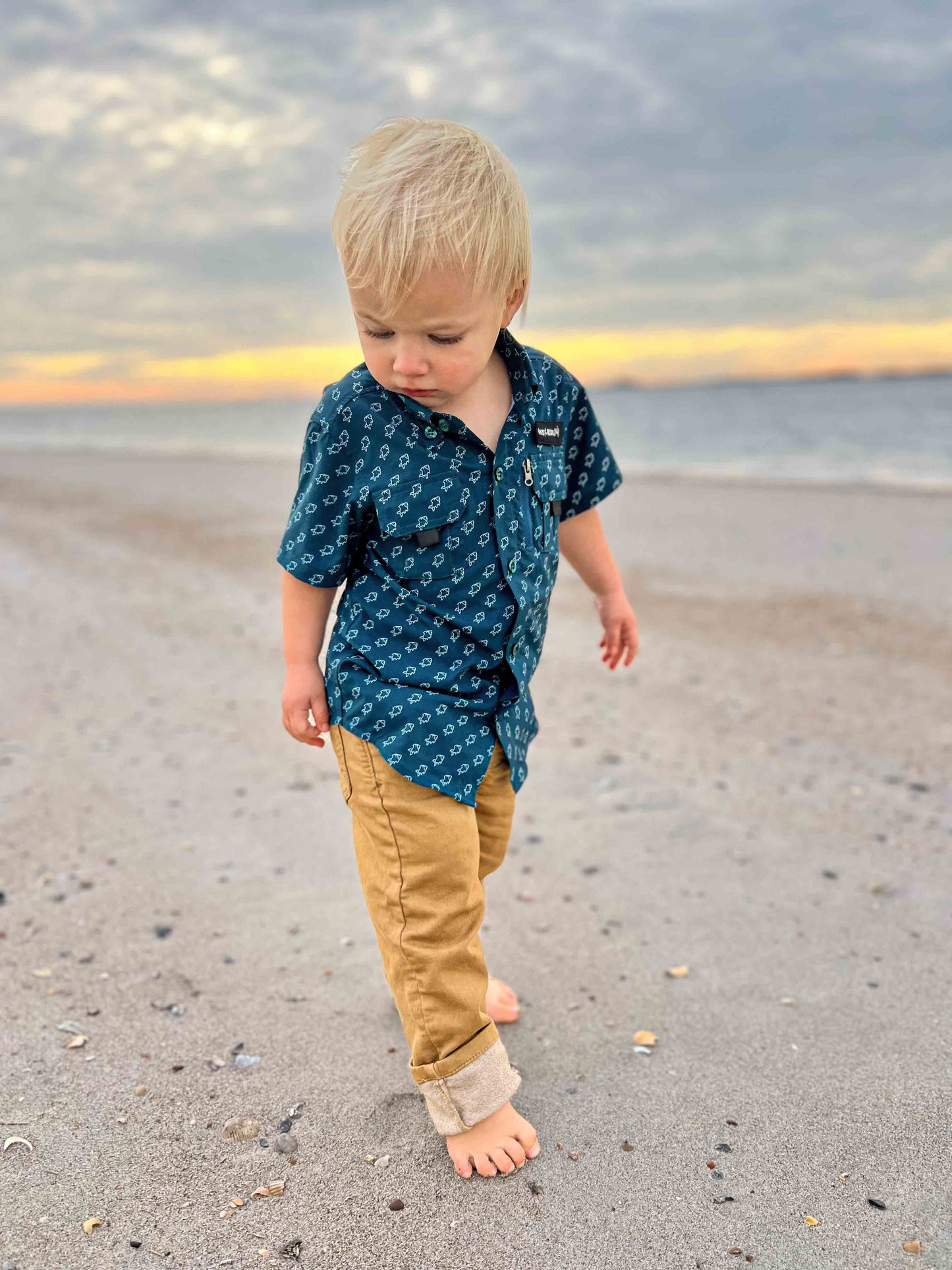 Fishing shirt button up- blue fish