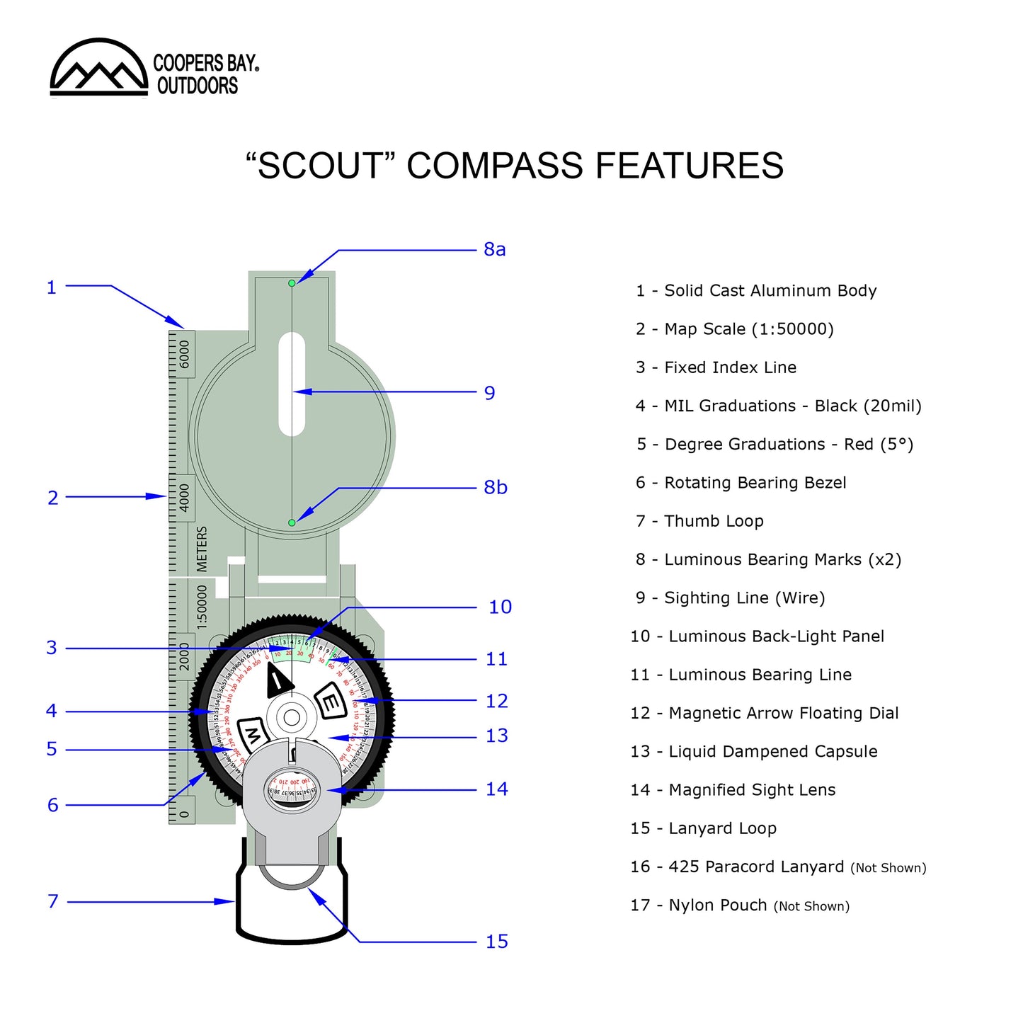 Scout™ Lensatic Compass - Traditional Phosphorescent Military Style with Nylon Carry Pouch - OD Green