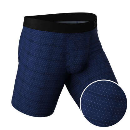 The Forget Me Not | Navy Dot Long Leg Ball Hammock® Pouch Underwear With Fly