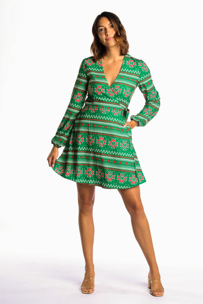 The Kris Kringle | Green Fair Isle Christmas Wrap Dress