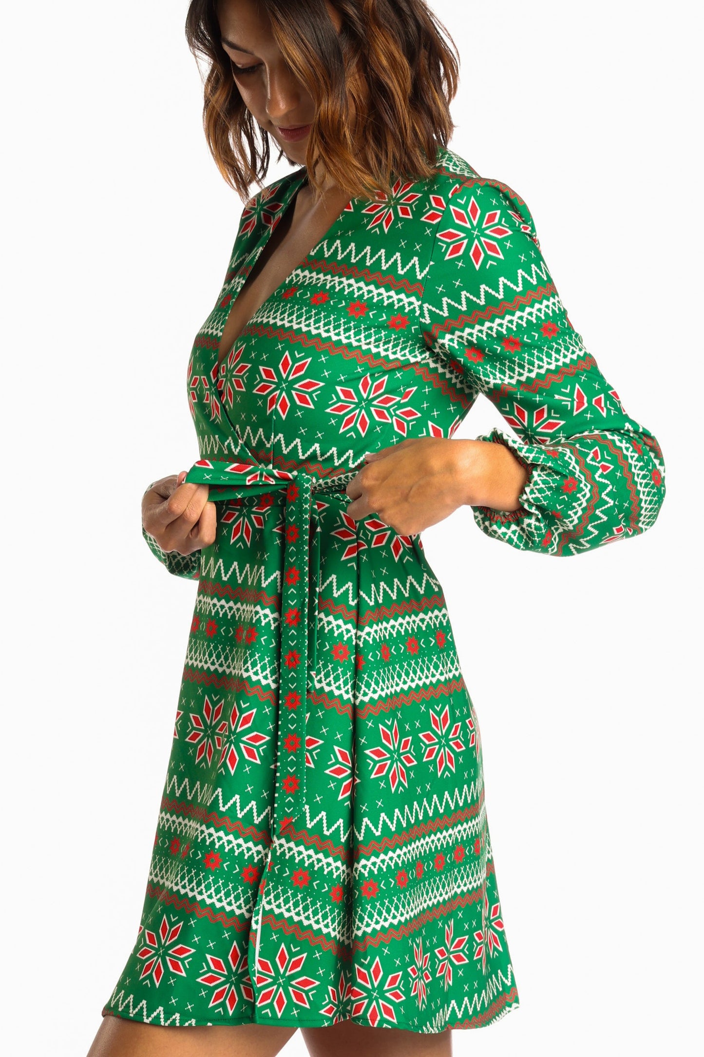 The Kris Kringle | Green Fair Isle Christmas Wrap Dress