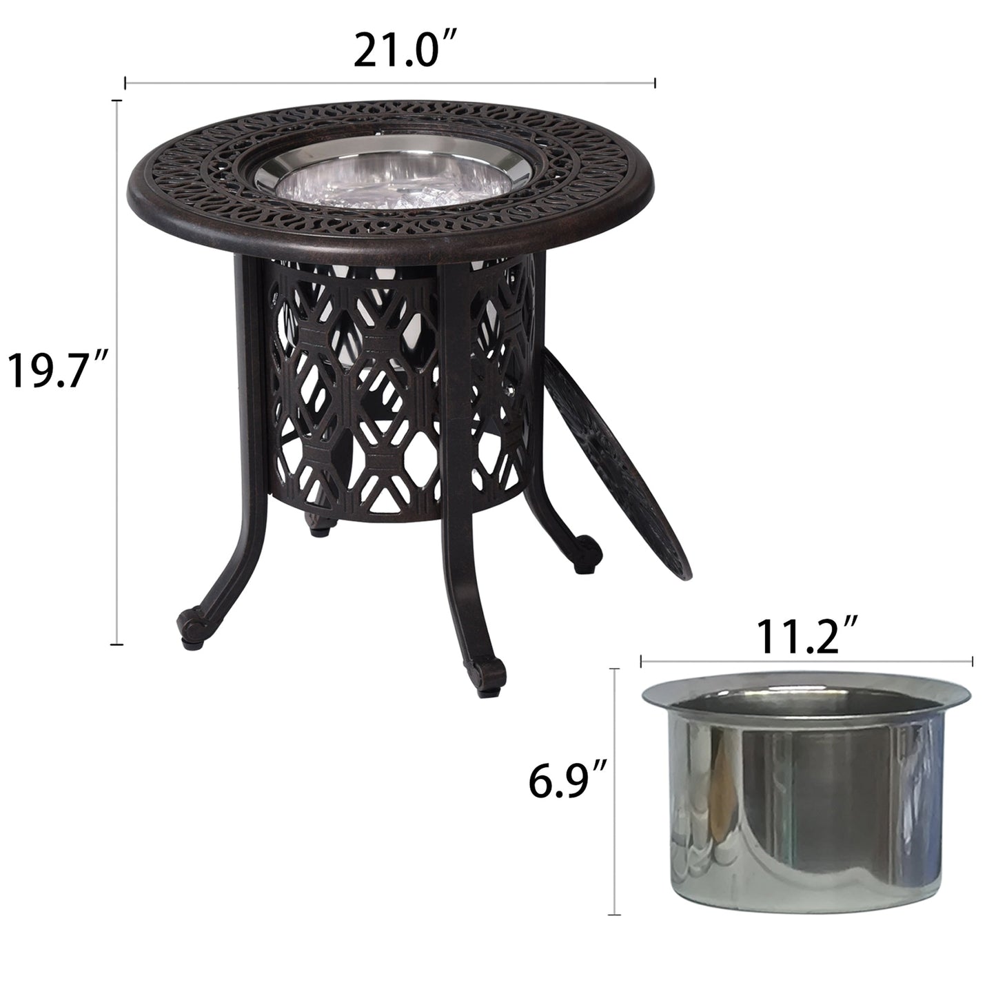 21" Cast Aluminum Ice Bucket Table with Hand-Brushed Bronze Patina Look Top and Removable Cover, Food-Grade 304 Stainless Steel Bucket