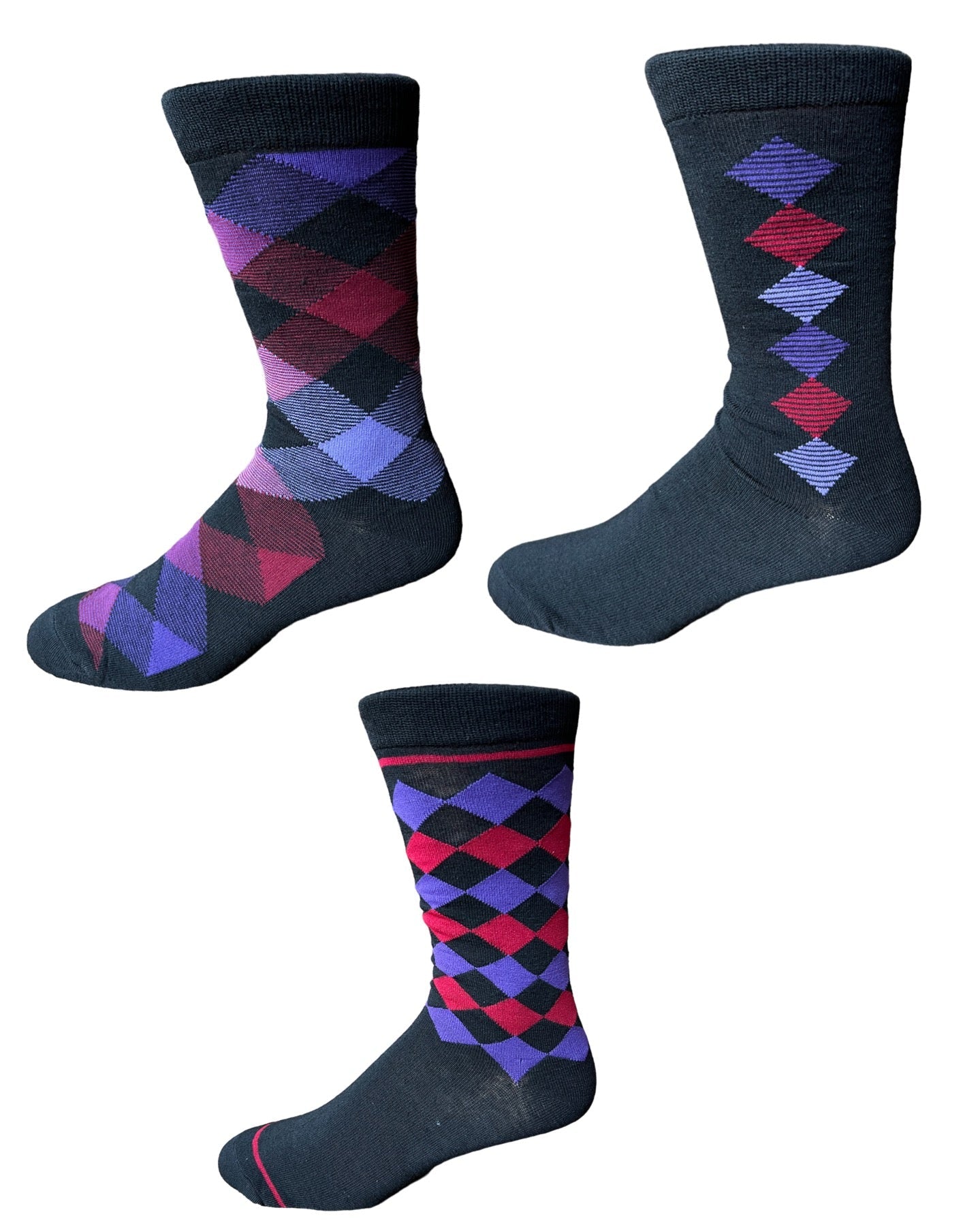 Argyle Assortment Fashion Socks in Black 3pr Pack