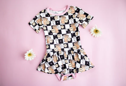 SMILEY CUP OF CHECKERS DREAM BODYSUIT DRESS