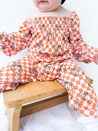 PUMPKIN CHECKS DREAM SMOCKED JUMPSUIT