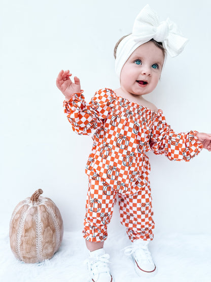 PUMPKIN CHECKS DREAM SMOCKED JUMPSUIT