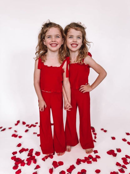 RED RIB DREAM SMOCKED FLARE SET