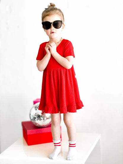 RED RIB DREAM RUFFLE DRESS