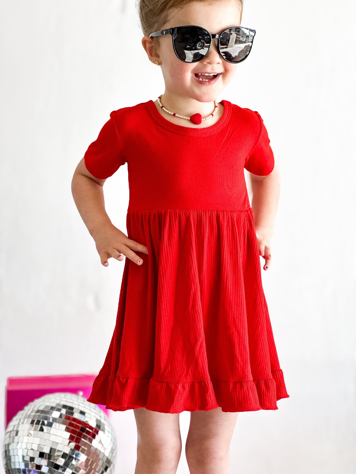 RED RIB DREAM RUFFLE DRESS