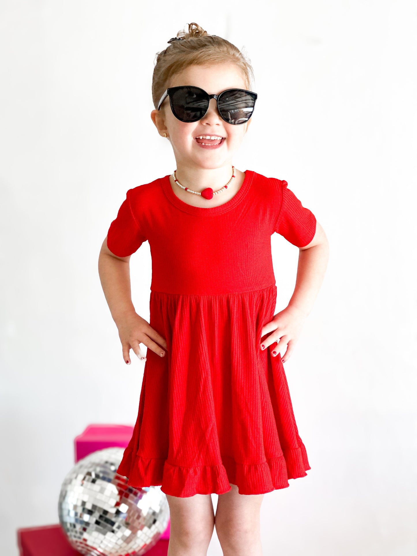 RED RIB DREAM RUFFLE DRESS