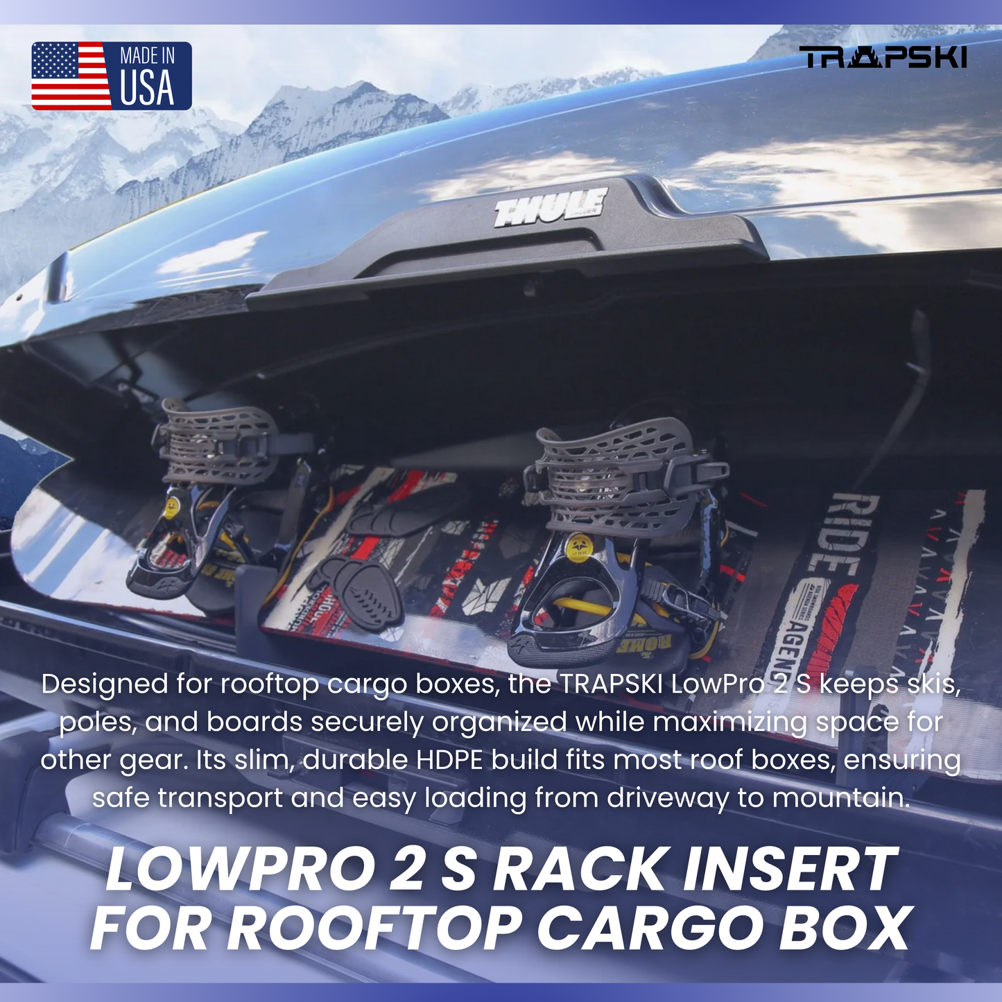 TRAPSKI LowPro 2 S Ski and Snowboard Rack Insert for Rooftop Cargo Box | High Quality Marine Grade HDPE Plastic | UV Protected | Premium Strap Included | 3 Year Warranty | Made in the USA