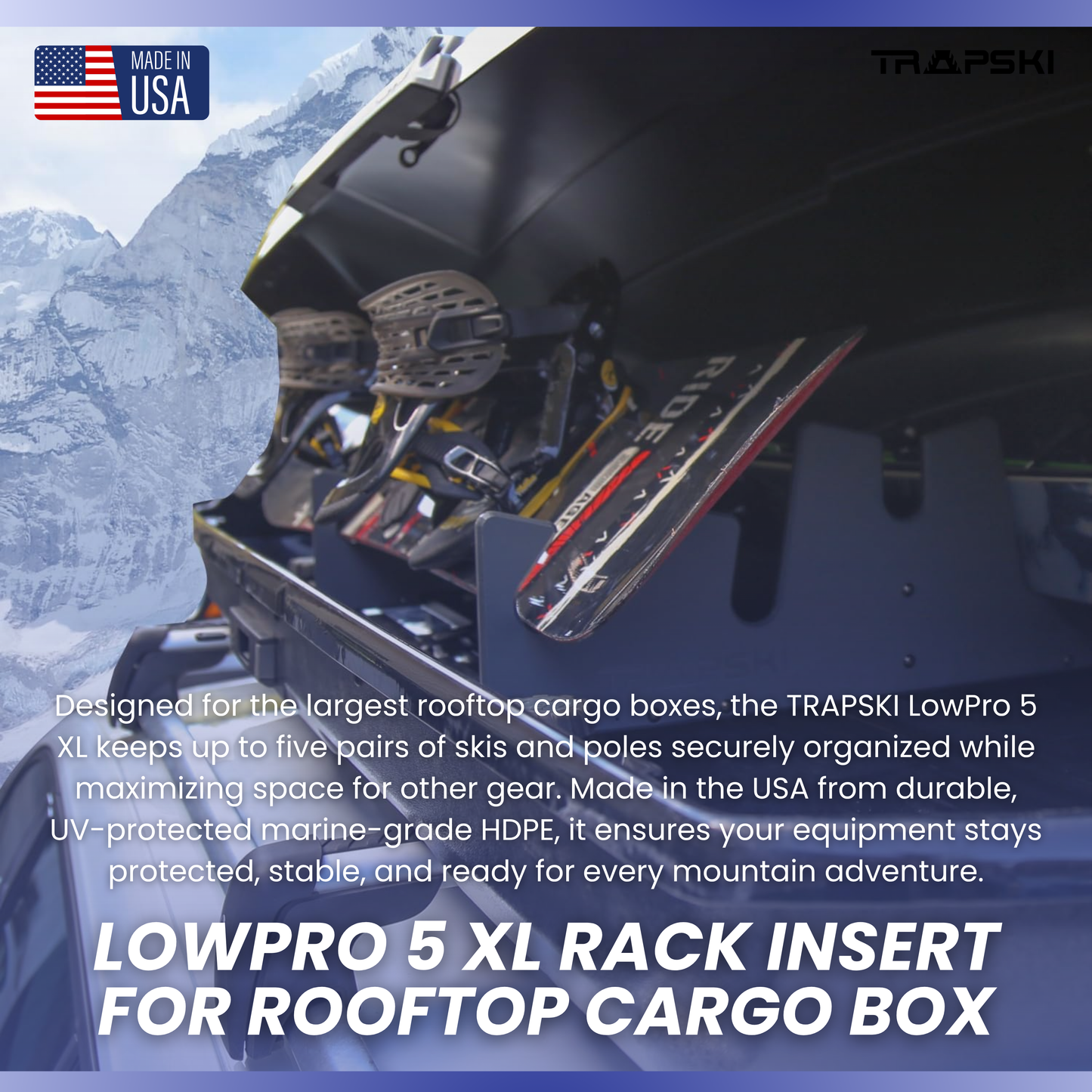 TRAPSKI LowPro 5 XL Ski and Snowboard Rack Insert for Rooftop Cargo Box | High Quality Marine Grade HDPE Plastic | Premium Strap Included | 3 Year Warranty | Made in the USA | Veteran Owned Business
