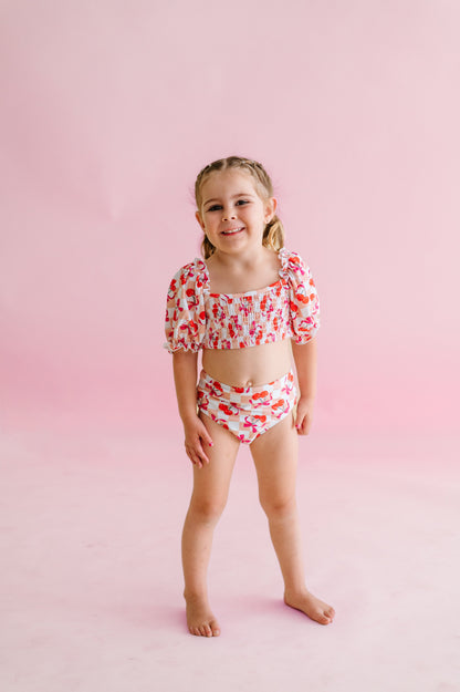 CHERRY SWEET CHECKERS DREAM SMOCKED OFF THE SHOULDER SWIM SUIT