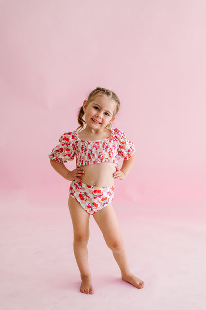 CHERRY SWEET CHECKERS DREAM SMOCKED OFF THE SHOULDER SWIM SUIT