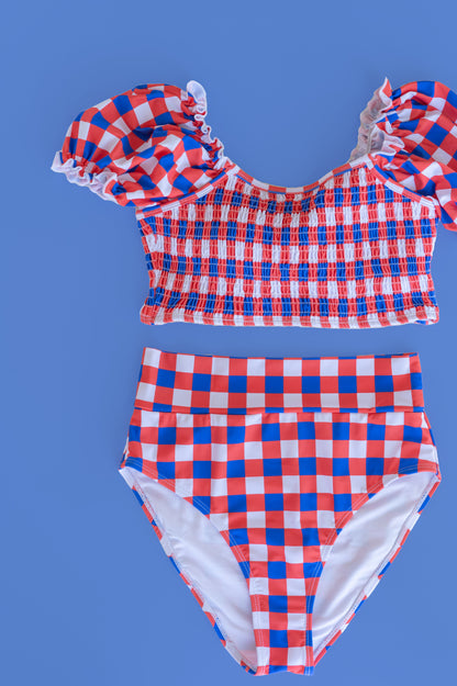 RED, WHITE & TRUMAN DREAM OFF THE SHOULDER WOMENS SWIM SUIT