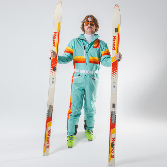 The Midday Aprés | Teal and Orange Retro Stripe One Piece Ski Suit