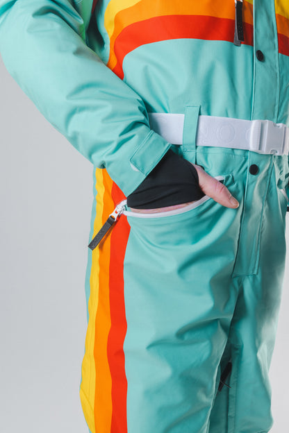 The Midday Aprés | Teal and Orange Retro Stripe One Piece Ski Suit