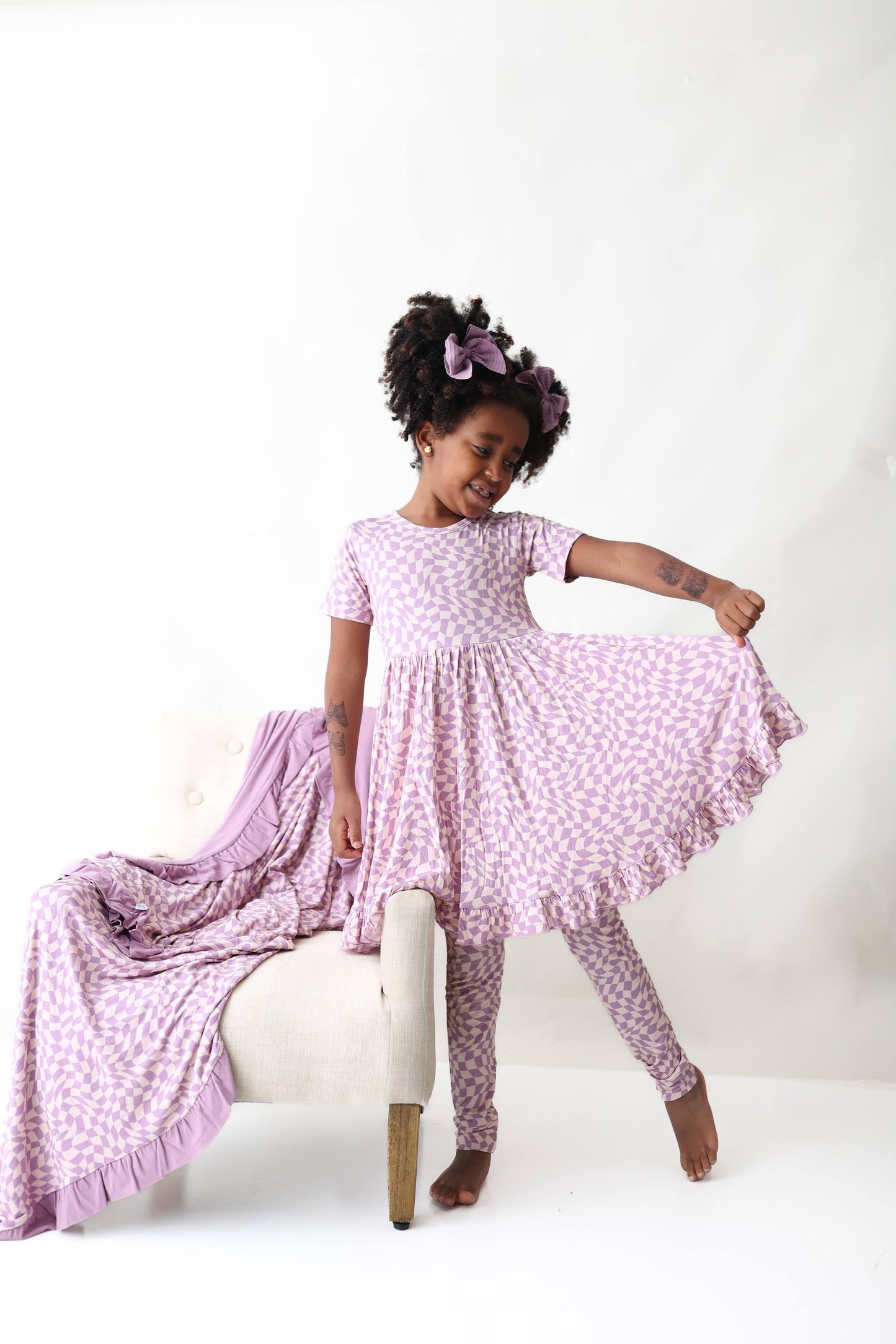 PLUM WAVY CHECKERS DREAM RUFFLE DRESS