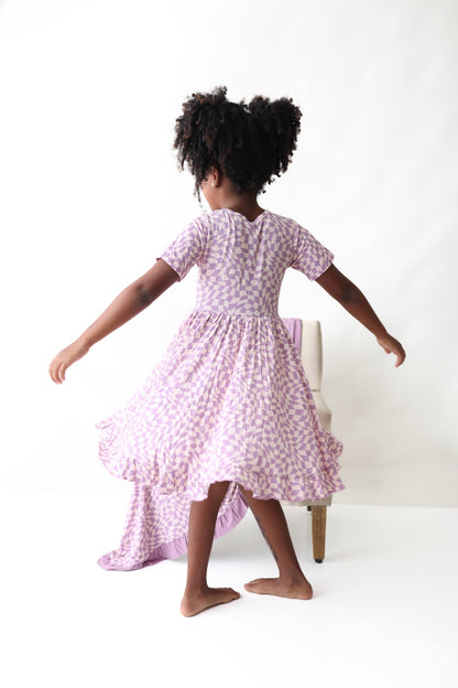 PLUM WAVY CHECKERS DREAM RUFFLE DRESS