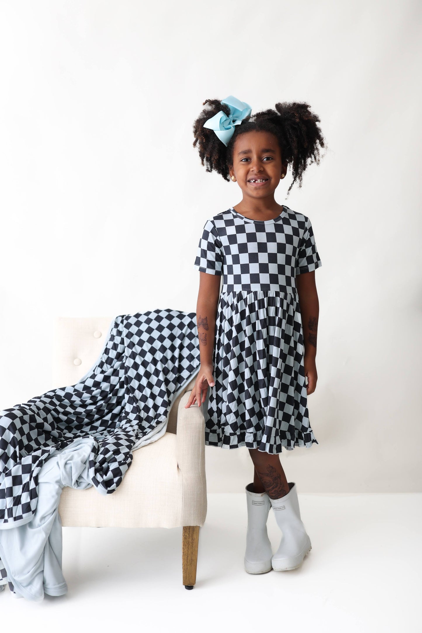 MIDNIGHT CHECKERS DREAM RUFFLE DRESS