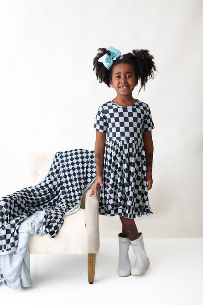 MIDNIGHT CHECKERS DREAM RUFFLE DRESS