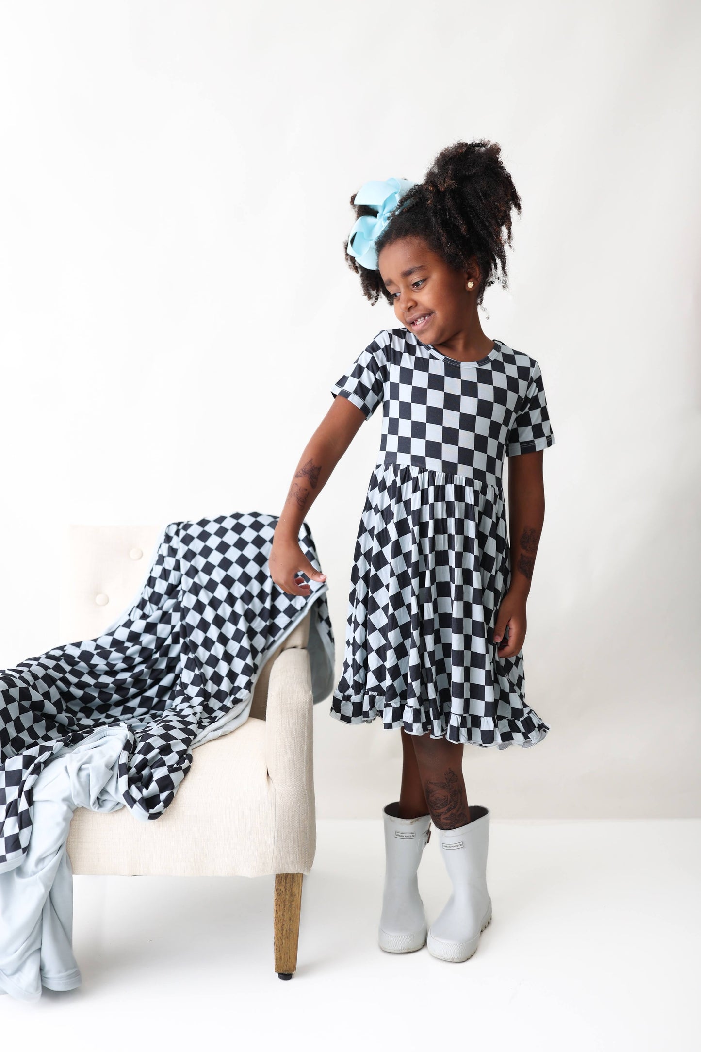 MIDNIGHT CHECKERS DREAM RUFFLE DRESS