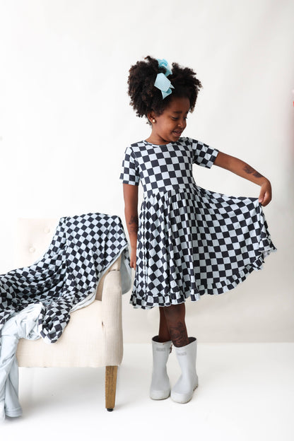 MIDNIGHT CHECKERS DREAM RUFFLE DRESS