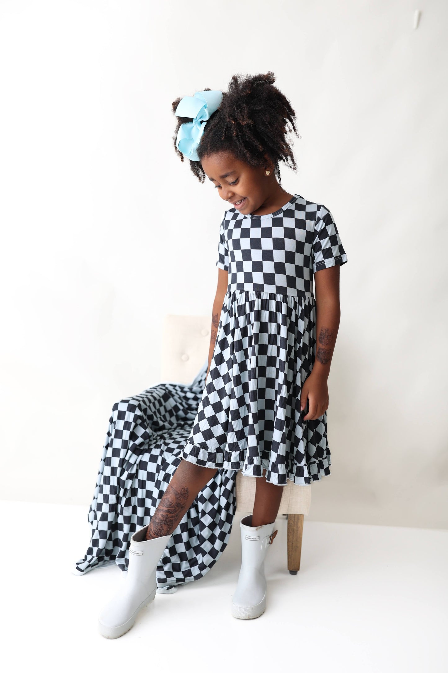 MIDNIGHT CHECKERS DREAM RUFFLE DRESS