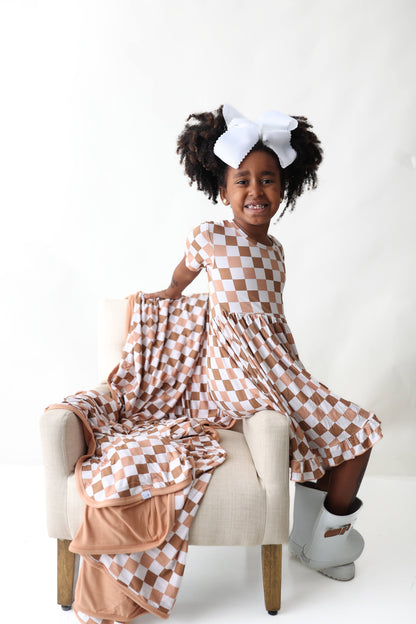 CHESTNUT CHECKERS DREAM RUFFLE DRESS