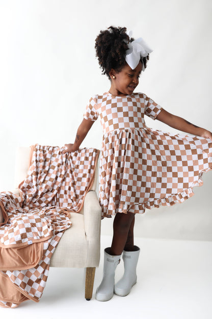 CHESTNUT CHECKERS DREAM RUFFLE DRESS