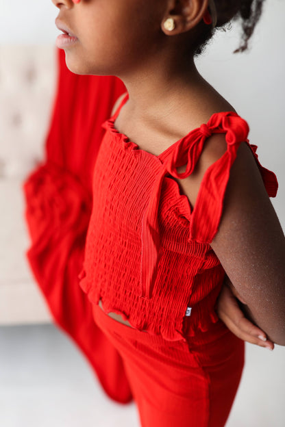 RED RIB DREAM SMOCKED FLARE SET