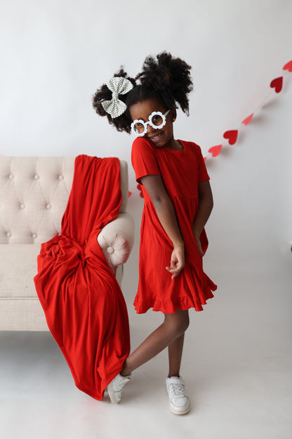 RED RIB DREAM RUFFLE DRESS