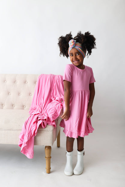 BUBBLEGUM RIB DREAM RUFFLE DRESS