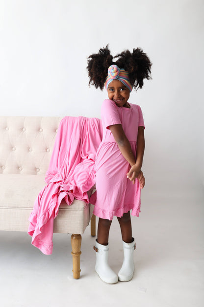 BUBBLEGUM RIB DREAM RUFFLE DRESS