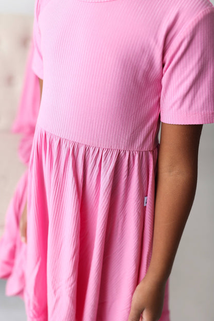 BUBBLEGUM RIB DREAM RUFFLE DRESS