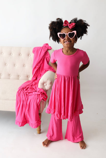 HOT PINK RIB DREAM RUFFLE DRESS