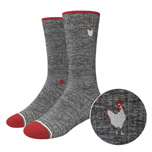 The Nice Cockerel | Heather Gray and Red Heel Hammock™ Crew Socks