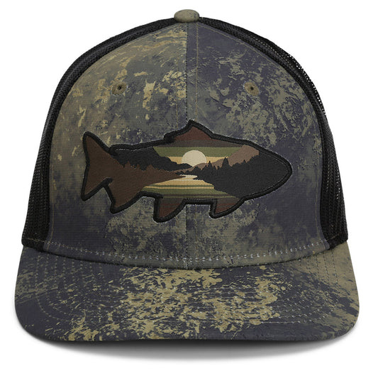 Sunset Trout Fly Fishing Mesh Back Hat Fish Mountain Silhouette