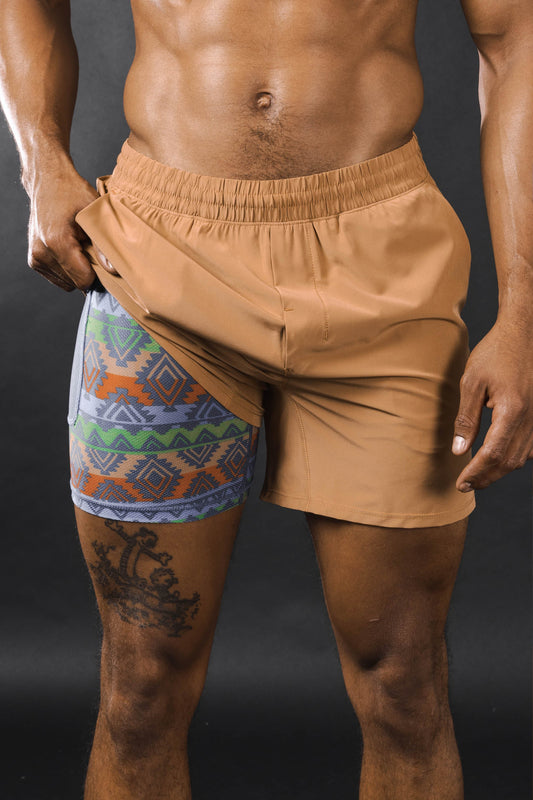 The Casual Thigh Day | Khaki Aztec Ball Hammock® 5 Inch Athletic Shorts