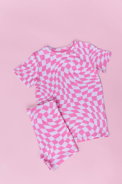 BUBBLEGUM WAVY CHECKERS DREAM SHORT SET