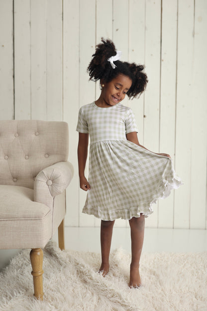 SAGE GINGHAM DREAM RUFFLE DRESS