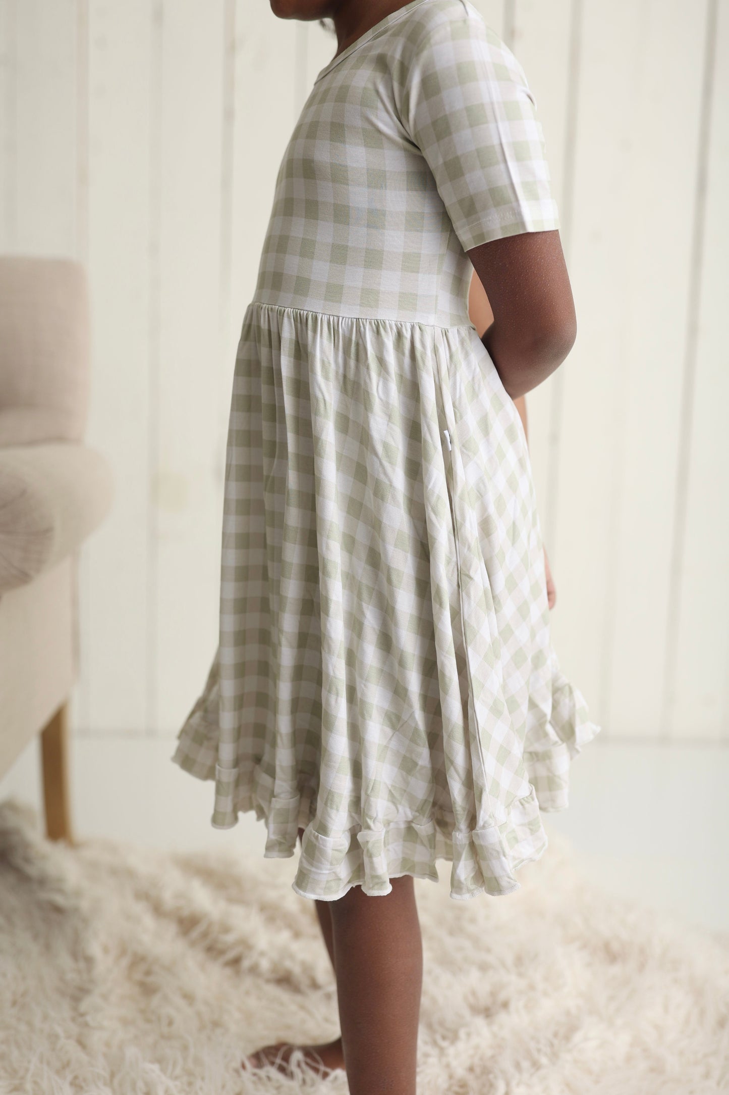 SAGE GINGHAM DREAM RUFFLE DRESS