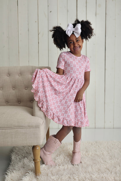 HOPPITY BLUSH CHECKERS DREAM RUFFLE DRESS