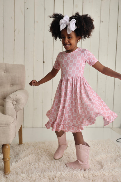 HOPPITY BLUSH CHECKERS DREAM RUFFLE DRESS