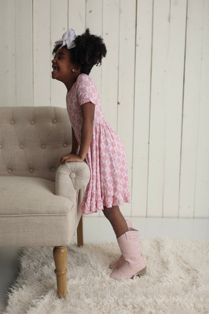 HOPPITY BLUSH CHECKERS DREAM RUFFLE DRESS